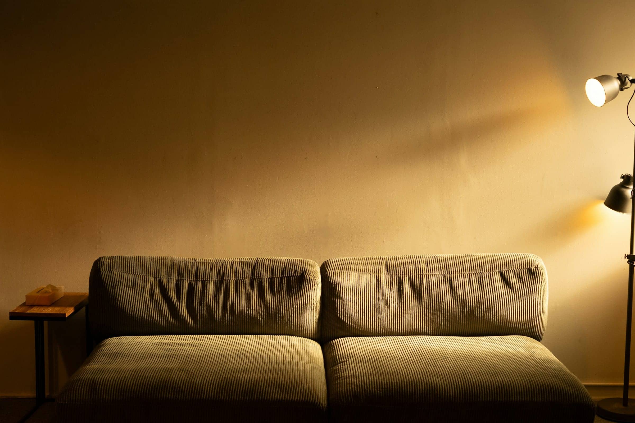 A corduroy sofa and floor lamp against a warm plaster wall
